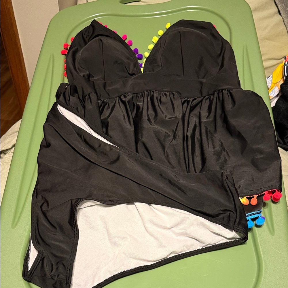 Black Pom-Pom Trim Bikini Top